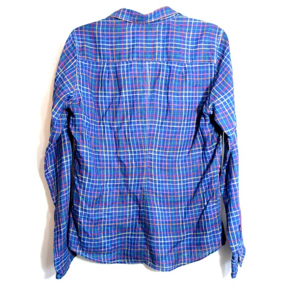 Frank & Eileen Barry Linen Blue Plaid Long Sleeve Button Down V Neck Shirt L EUC - Picture 2 of 5